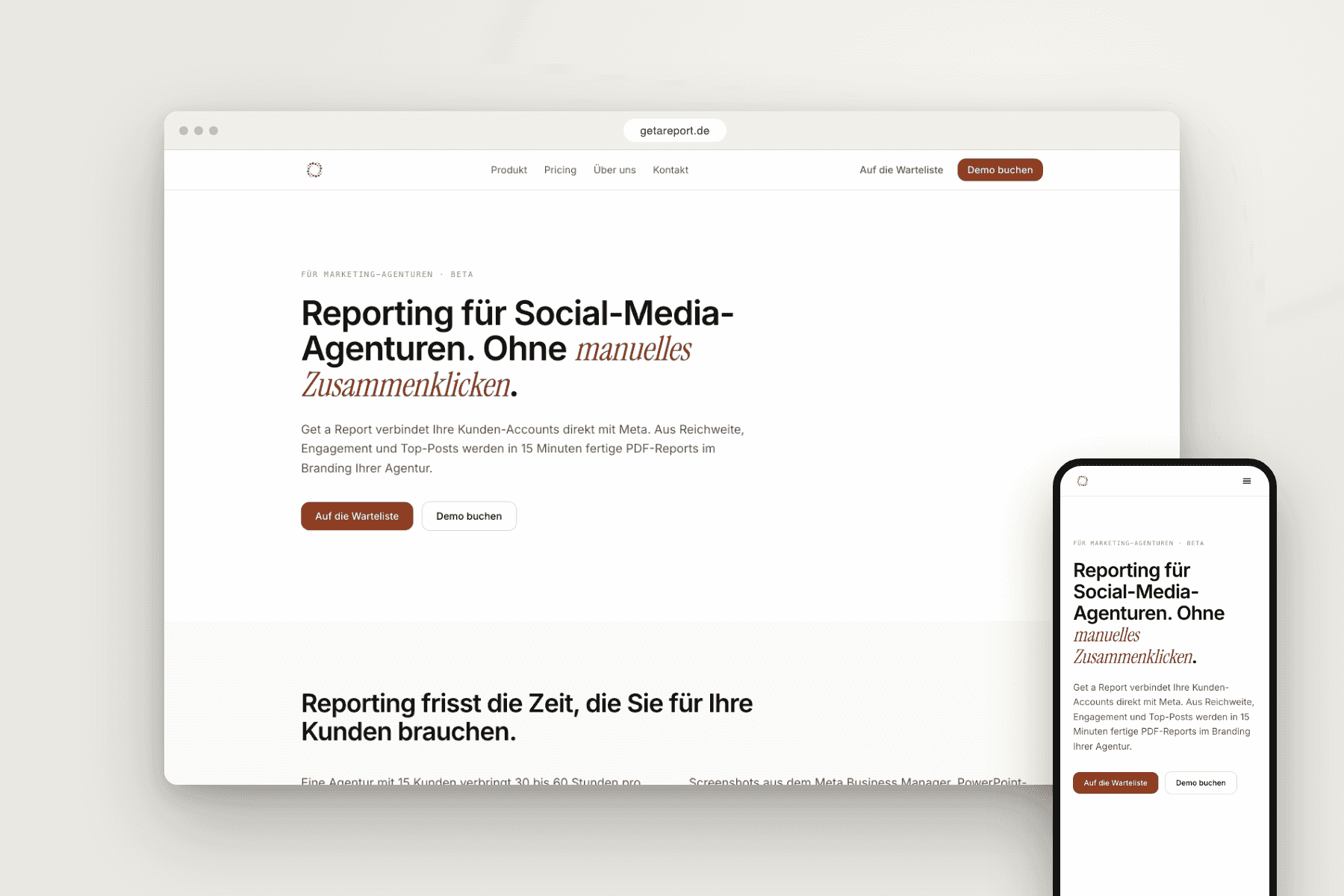 Get a Report Website im Browser- und iPhone-Mockup