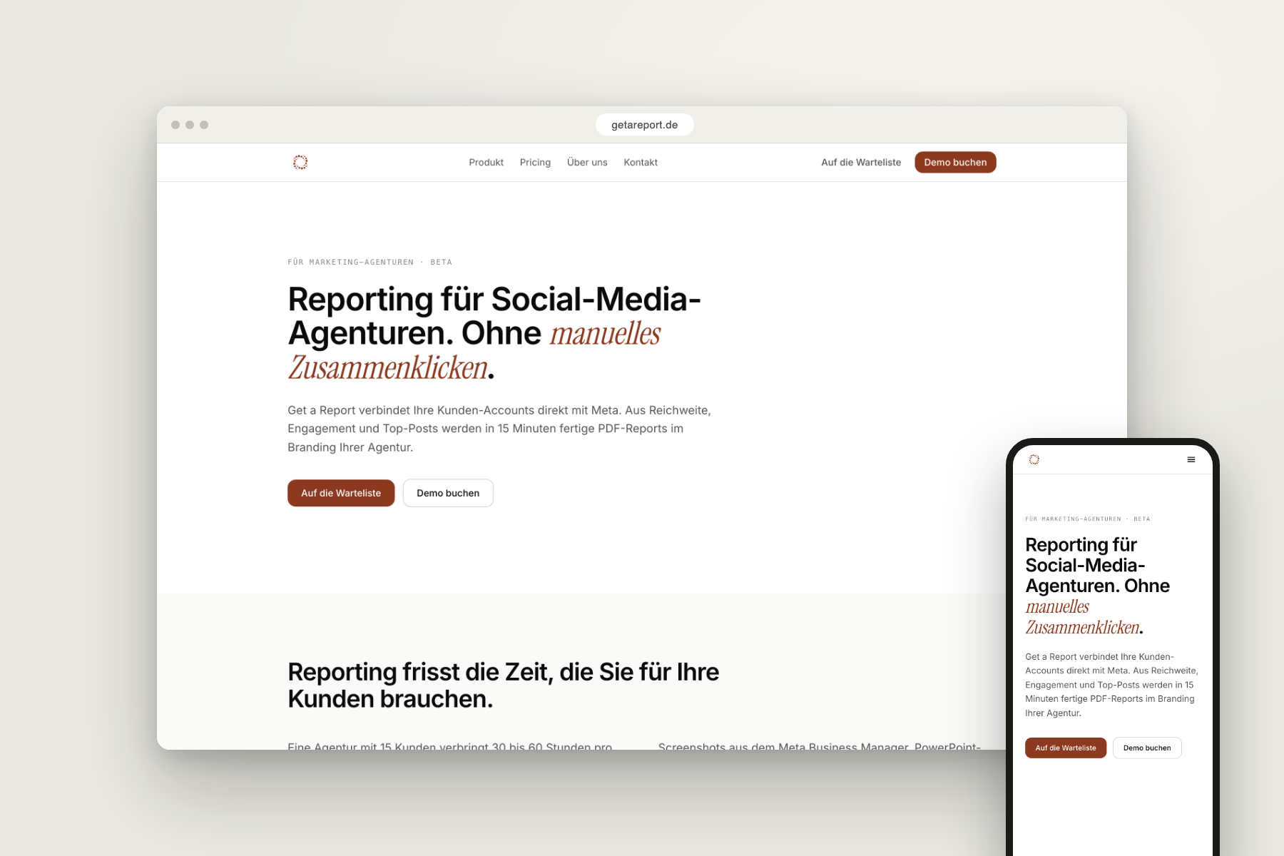 Get a Report Website im Browser- und iPhone-Mockup