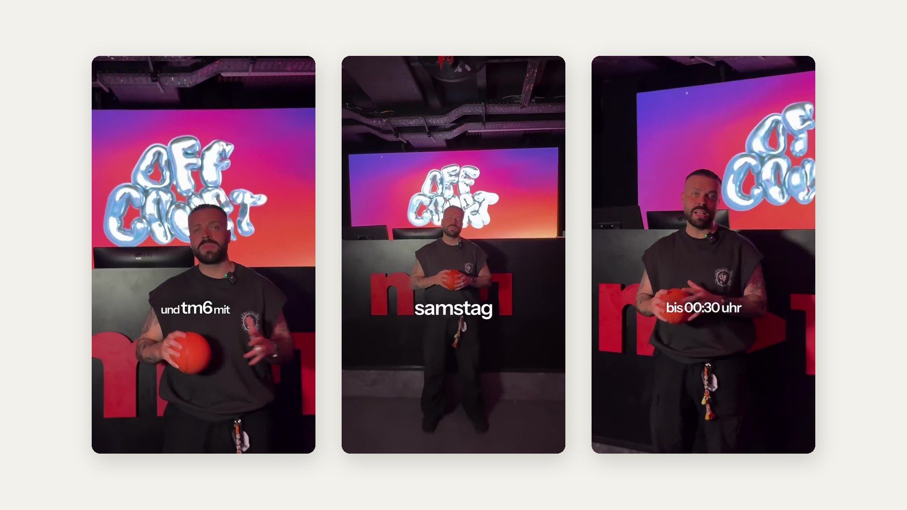 Drei Standbilder aus dem Off Court Reel, Neon-Schriftzug im Mach1