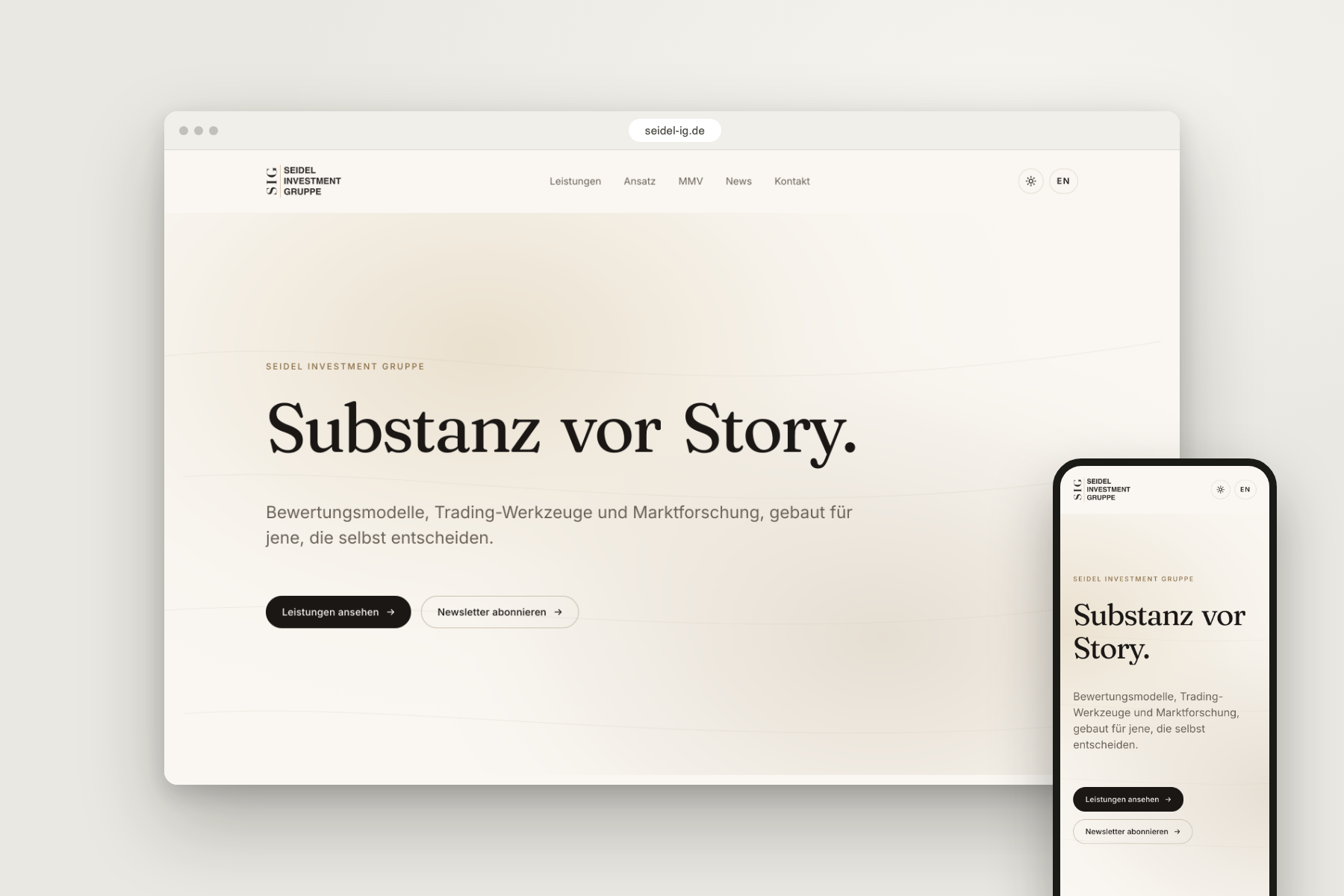 Seidel Investment Gruppe Website im Browser- und iPhone-Mockup