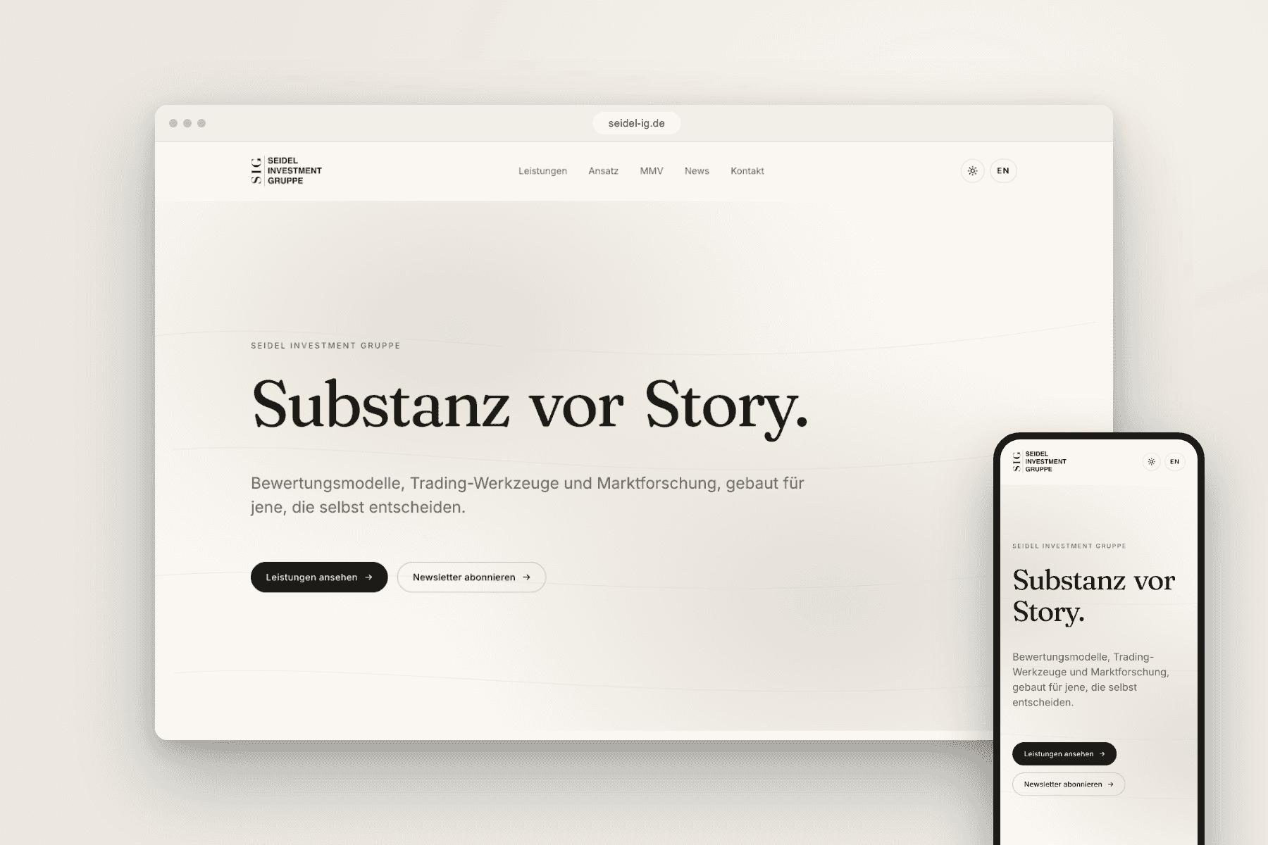 Seidel Investment Gruppe Website im Browser- und iPhone-Mockup